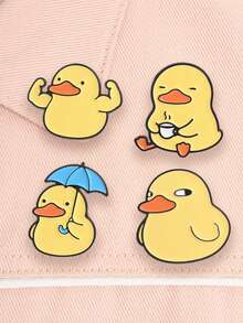 4 piezas de alfiler de esmalte con diseño de pato de dibujos animados lindo, sosteniendo un paraguas, haciendo ejercicio, bebiendo té, insignia de acción de estilo, accesorio de moda, regalo para amigos - Multicolor - Ver 4