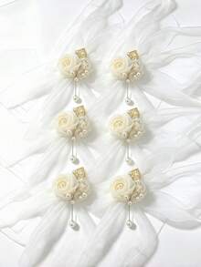 1件/2件/6件裝 乳白色玫瑰蕾絲小花珠飾金葉高級胸花與手腕花，適用新郎、新娘、伴郎、伴娘，婚禮、結婚、訂婚、宴會、舞會、週年紀念、活動派對 - 乳白色 - 查看 6