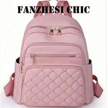 Sweet Solid Color Rhombus Stitched Daypack With Side Storage Pockets, Adjustable Wide Shoulder Strap Fashion Storage Backpack For Women Outdoor Use - Pink - View 3