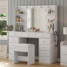 FUSOU 11 Drawers Dressing Table, Vanity Desk With Power Outlet & Lighted Mirror, Vanity Table With 4 Shelves & Fold-Up Panel, 3 Color Modes, Makeup Table With Chair For Bedroom, White - White - View 4