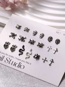 2 Boxes Gothic Halloween Metal Nail Art Charms, Snake Skull Cross Rivet, Silver Black Caviar Beads Rhinestone Chain, Punk Nail DIY Decoration - Multicolor - View 8