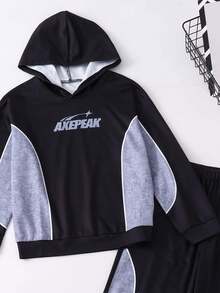 Tween Boy Autumn/Winter 2 Pieces Set, Side Patchwork Long Sleeve Top With Matching Cuffed Sweatpants, Logo Print Top And Bottom, Cool Casual Outfit - Black - View 7