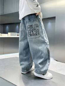 Quần jeans ống đứng thường ngày cho bé trai tuổi tween, phong cách casual, có túi và họa tiết chữ - Rửa trung bình - Xem 10