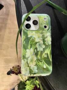 1pc Fresh Green Swirl Oil Painting White Azalea Flower Print Phone Case, Iridescent Semi-Transparent Anti-Yellow Shockproof Soft TPU Cover, Cottagecore Aesthetic Gift For Girls, Compatible With IPhone11,12,13,14,15,16,17,17 Pro,17 Pro Max - Multicolor - View 2