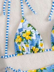 Conjunto de 2 piezas de bikini halter triangular con estampado de frutas para mujer, para vacaciones de verano en la playa - Multicolor - Ver 5