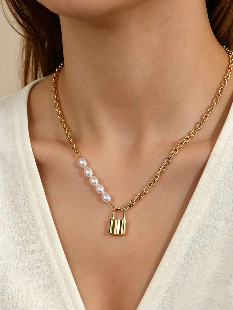 1pc Ins Style Women's Stainless Steel Necklace With Oval Pearl And Small Gold Lock Pendant, Versatile Accessory For Dating And Valentine's Day Gift - Yellow Gold - View 1
