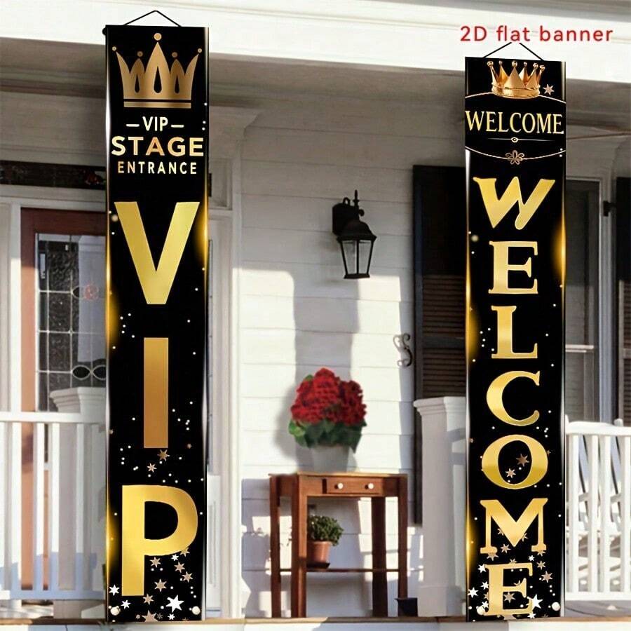 1 Pair VIP Party Entrance Sign Banner Black & Gold Movie Night Theme Party Hanging Banner Home Movie Backdrop Cinema Decor - Multicolor - View 1