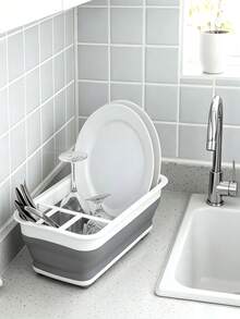 Rak Pengering Piring Lipat dengan Tempat Peralatan Makan, Pengering Piring Lipat, Cocok untuk Dapur RV, Set Pengering Dapur Lipat Kompak Plastik Putih, Tahan Lama dan Hemat Ruang, Cocok untuk Dapur Kecil - Grey - View 6