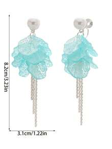 1Pair Of Minimalist Light Blue Cracked-Petal Clip-On Earrings: Summer-Style Faux Pearl Tassel Floral Earrings (No Piercing Required) - Baby Blue - View 5