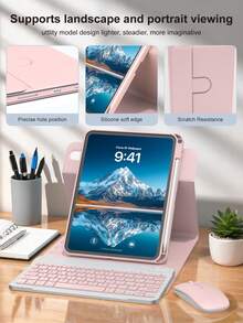 無線鍵盤與滑鼠套組，相容 iPad A16 11代/10代、9代/8代/7代 10.2 吋、Air 10.9 吋/11 吋、Pro 11 吋，PU 皮革平板配件，可拆卸無線鍵盤（150mAh 電池）與附筆槽保護殼 - 粉色 - 查看 6