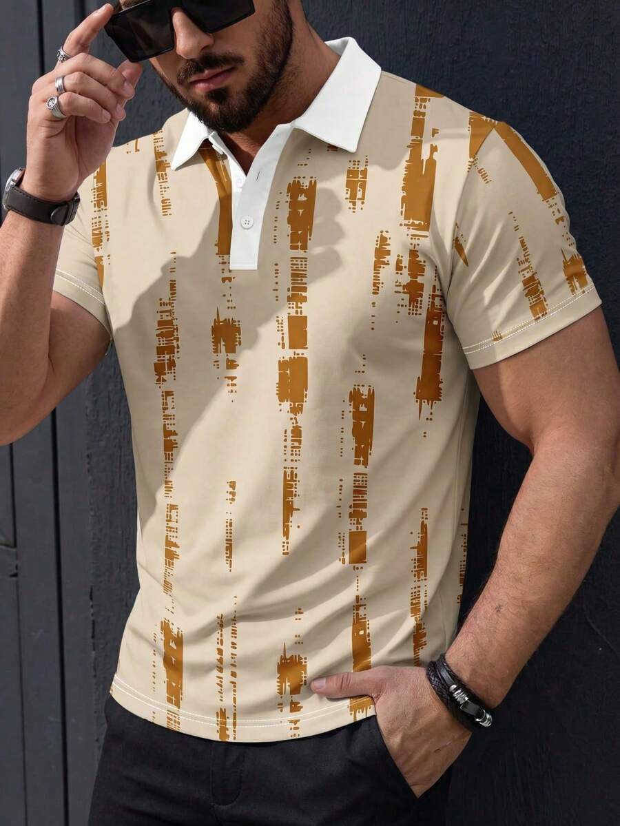 男士夏季翻領前開鈕扣短袖極簡風 Polo 衫，休閒日常穿著 - 彩色 - 查看 1