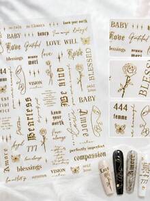 1 Sheet 3D Hot Stamping Vintage English Nail Art Stickers, Featuring Multi-Font Cursive Phrases, Roses, Butterflies And Minimalist Line Patterns, DIY Nail Decorations - 金色 - 查看 2