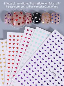2pcs Mini Red Heart Metal Nail Art Stickers Heart Print Metallic Red Nail Decals Valentine's Day Holiday Nail Decals Self Adhesive 3D Manicure Decoration Accessories For Women&Girls Salon DIY - Red - View 7