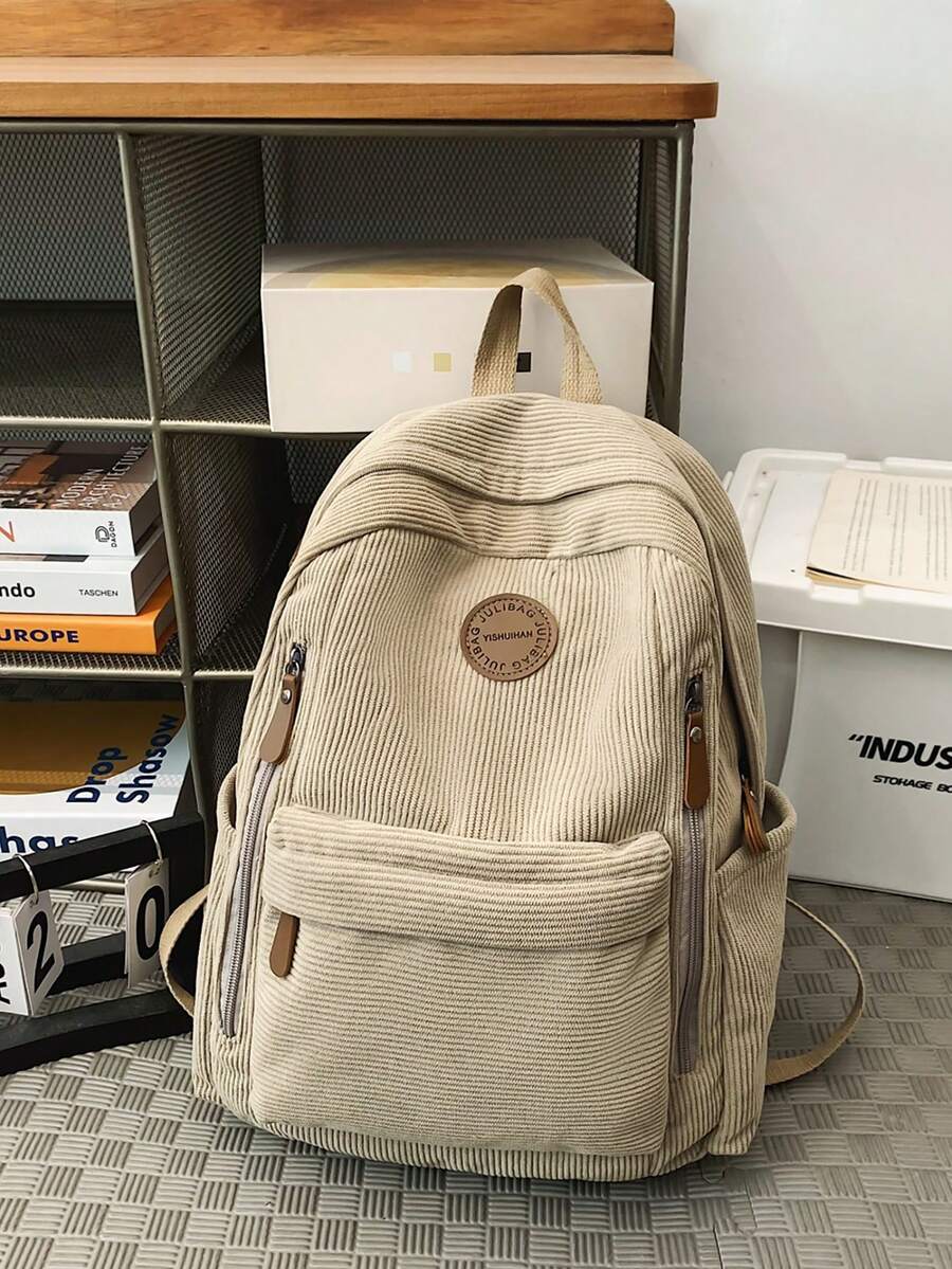 Mochila escolar de gran capacidad de unicolor - Caqui - Ver 1
