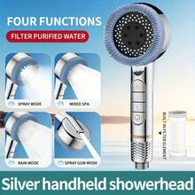 4-Mode Handheld Shower Head With PVC Hose | High-Pressure Spray Gun, One-Touch Stop, Built-In Filter & Silicone Massage Bristles – Silver Finish - sliver-1pc - View 7