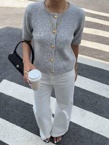 1pc Short Sleeve Solid Color Metallic Button Cardigan Sweater For Women, Casual Versatile Knit Sweater - Light Grey - View 10