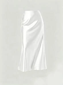 Plus Size Solid Color Satin Elegant Long Skirt For Vacation, Evening Party And Wedding White - White - View 1