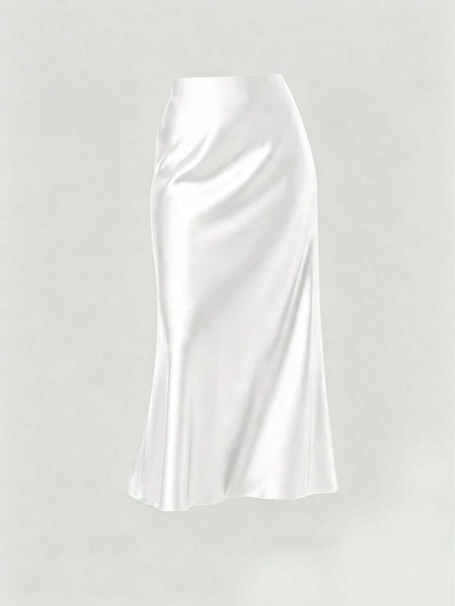 Plus Size Solid Color Satin Elegant Long Skirt For Vacation, Evening Party And Wedding White - White - View 1