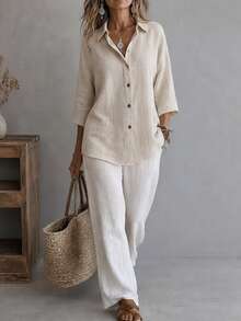 Women's Vintage Linen Lapel Collar Shirt, Dropped Shoulder 3/4 Sleeve With Button Detail, Autumn Casual Wear - Apricot - View 3