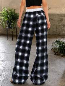 Y2K Decadent Style Wide Leg Pants Women Contrast Color Waistband Drawstring Long Pants Casual Sports Pants - Black - View 6