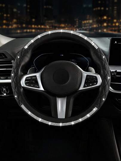 Bling Rhinestone PU Leather Steering Wheel Cover - Diamond Patchwork, Steering Wheel Cover With Sparkling Crystal Rhinestones ,Glittering Design ,Anti-Slip Rubber Core & Breathable Design For 14.5-15 Inch Wheels, Ideal For Women And Girls