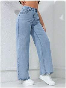 Pantalones vaqueros rectos de color claro para mujer, estilo casual, con bolsillos, longitud larga, elasticidad media, cómodos y sueltos - Neblina azul - Ver 3