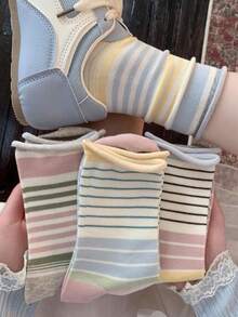4 Pairs Korean Ins Style Color Block Striped Mid-Calf Socks, Retro Contrast Color Cuff, Student Style - Multicolor - View 1