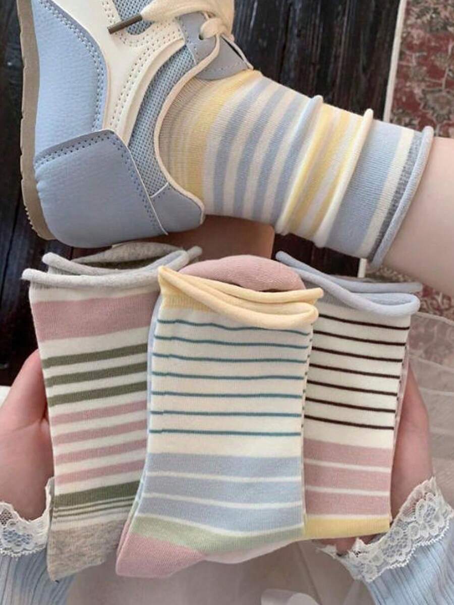 4 Pairs Korean Ins Style Color Block Striped Mid-Calf Socks, Retro Contrast Color Cuff, Student Style - Multicolor - View 1