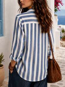 Women Linen Striped Button Up Shirt Vertical Striped Casual Blouse Tops Long Sleeve V Neck Loose Fit For Beach Vacation - Blue - View 2