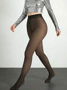 Mallas negras de aspecto transparente con forro térmico, cintura alta con control de abdomen sin hundimiento, leggings negros cálidos a prueba de frío para otoño/invierno - Negro - Ver 6