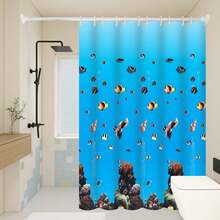 1pc Cartoon Underwater World Pattern Shower Curtain Bathroom Divider Curtain With Hooks - Royal Blue - View 2