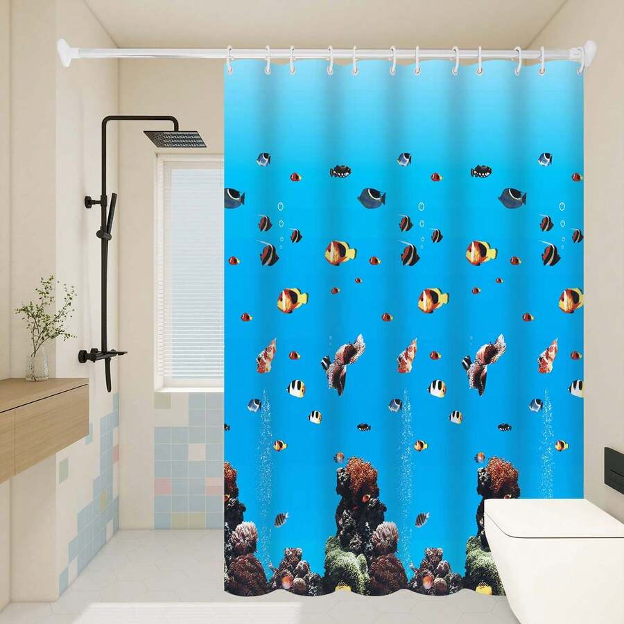 1pc Cartoon Underwater World Pattern Shower Curtain Bathroom Divider Curtain With Hooks