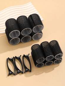 25 peças/Conjunto de Bobes com Presilhas, Bobes Autoadesivos, Adequados para Cabelos Longos, Médios, Curtos e Franjas, Ferramentas de Penteado DIY (Inclui 12 Bobes Grandes + 6 Presilhas de Cabelo de Jacaré + 6 Presilhas de Folha + 1 Pente de Cauda), Volta às Aulas, Acessórios de Cabelo - Preto - Visão 7