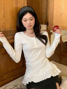 Atasan Kaos Lengan Panjang Slim Fit Model Korea Musim Dingin dengan Hiasan Renda Warna Putih Krem, Kerah Bulat, dan Lapisan Dalam. - Putih - View 2