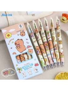 3pcs/6pcs, Blue Ink, Black Ink Optional, Capybara Pattern Erasable Gel Pen, Heat-Pressed Gel Pen, Magic Press Pen, Suitable For Daily Learning And Work Writing, Back To School Essential - Multicolor - View 5