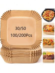 30/50/100/200pcs Disposable Air Fryer Paper Liners (Square 6.3-7.9 Inch) Kitchen Accessories, Heat Resistant Non-Stick Parchment Paper, Air Fryer Accessories, Oil-Proof And Waterproof, Suitable For Oven, Air Fryer, Baking - Brown - View 2