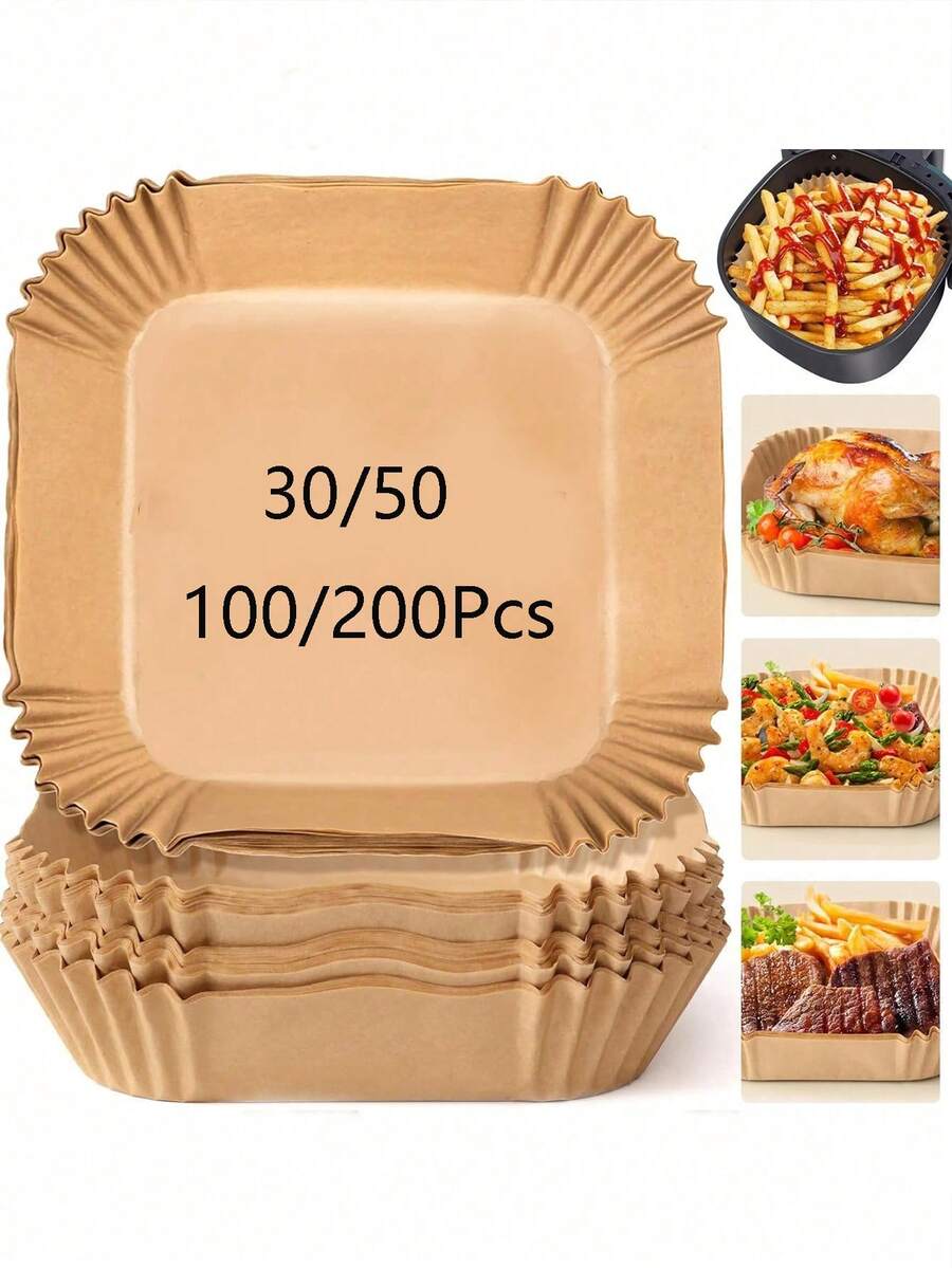 30/50/100/200pcs Disposable Air Fryer Paper Liners (Square 6.3-7.9 Inch) Kitchen Accessories, Heat Resistant Non-Stick Parchment Paper, Air Fryer Accessories, Oil-Proof And Waterproof, Suitable For Oven, Air Fryer, Baking