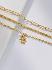 3pcs/Set Women's Bracelet Set, Bohemian Summer Beach Vacation Style, Golden Plated Multi-Layer Basic Chain, Paperclip Chain, Cuban Chain, Copper Inlaid Zirconia Octopus Pendant, Multi-Layer Stackable Bracelet Set, Ocean Series Bracelet Jewelry Gift - Yellow Gold - View 2