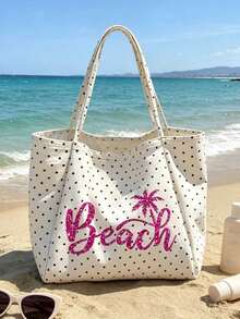 復古波點白色大容量單肩包套裝－印有「Beach」字母與棕櫚樹圖案，附白色小包的購物旅行托特包，可折疊單肩手提包，通勤托特包，平板收納包，夏季旅行必備包，適合海灘旅行、泳池日、購物與日常使用，返校季、教師節禮物 - 彩色 - 查看 19