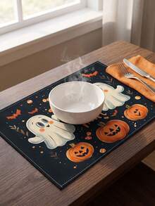 2 piezas Manteles individuales de Halloween con diseño de fantasma, manteles individuales de temporada festiva, adecuados para decoración de fiesta, cocina y comedor, manteles individuales de Halloween estilo granja para decoración de mesa de comedor interior, reuniones en el hogar, adecuados para mesa de comedor de cocina interior/exterior, manteles individuales lavables - Q - Ver 6