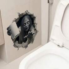 1PC 2D Broken Wall Ghost Bathroom Wall Sticker, Self Adhesive Horror Zombie With Toilet Paper Decal, Halloween Prank Decor For Restroom Tile - 1PC - View 2