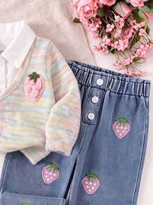 Spring/Autumn Girls Sweet Fashion 2 Pieces Set, Gradient Color Lapel 3D Strawberry Embroidered Faux Two Pieces Top, Fruit Strawberry Embroidered Cuffed Denim Long Pants, Suitable For Daily Casual, Outing Wear - Multicolor - View 4