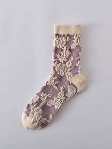 1/3/6/9 Pairs Random Women's Vintage 3D Embossed Floral Palace Style Mid-Calf Socks - Multicolor - View 13