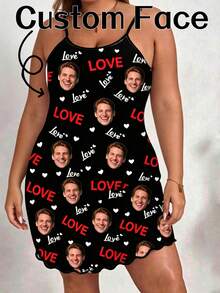 Women's Customized Spaghetti Strap Sleeveless Mini Slip Dress, Black, Personalized Face, Red LOVE Letter And White Heart All-Over Print - Multicolor - View 1