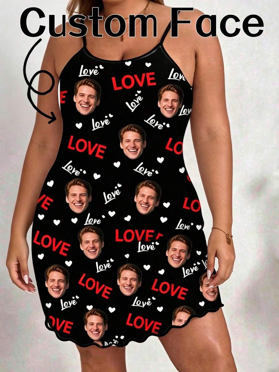 Women's Customized Spaghetti Strap Sleeveless Mini Slip Dress, Black, Personalized Face, Red LOVE Letter And White Heart All-Over Print - Multicolor - View 1