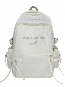 Pleated Backpack With Embroidered Slogan, Large Capacity School Bag, Japanese Style Girl Commuter Backpack - Multicolor - View 15