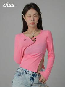 CHUU Little Fox 開衩 T-shirt 春季女款甜酷修身長袖打底短版上衣 - 粉色 - 查看 2