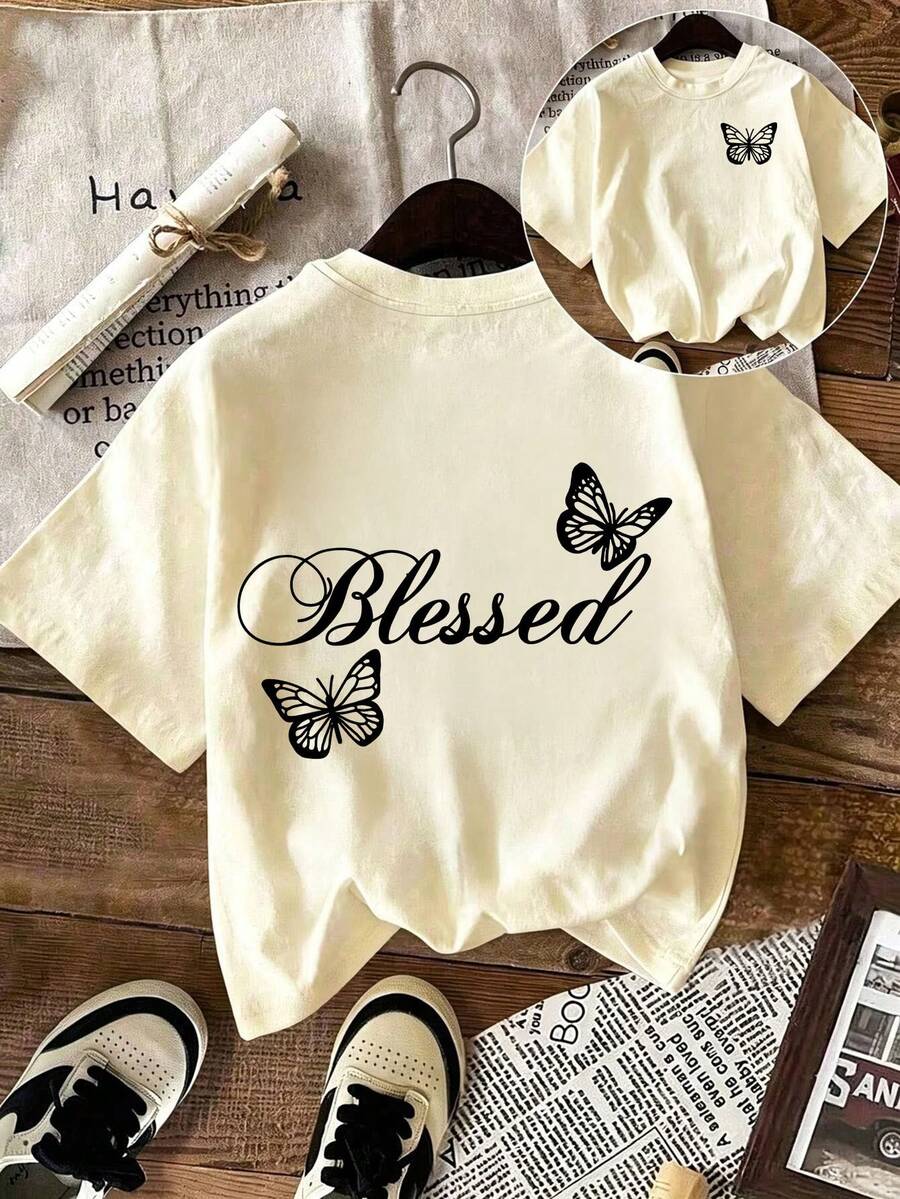 Tween Girl Casual Fun Print Crew Neck Pullover Short Sleeve T-Shirt Summer Top - Apricot - View 1