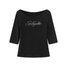 字母水鑽 T-shirt 優雅極簡風 船領修身中袖短袖休閒黑色夏季款 - 黑色 - 查看 8