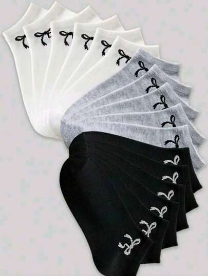 1/3/6/9/15 pares de calcetines de tobillo con lazo para mujer en colores sólido negro, blanco y gris, moda de primavera y verano, minimalista, casual, cómodo, versátil para uso diario